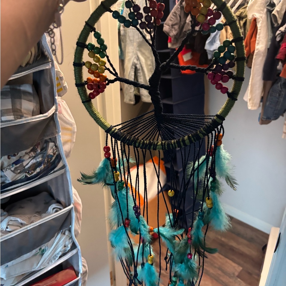EARTHBOUND Tree of Life Beaded Dreamcatcher with Teal Feathers